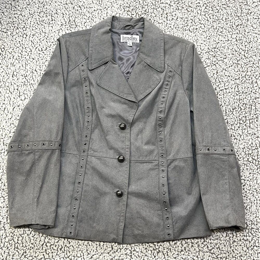 Bradley Bayou Genuine Suede Leather Jacket Womens XL Gray Studded Button Front - Picture 16 of 16